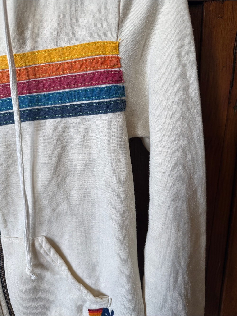 Aviator Nation Cream Hoodie with Orange and Yellow Retro Rainbow Stripes - Picture 4 of 6